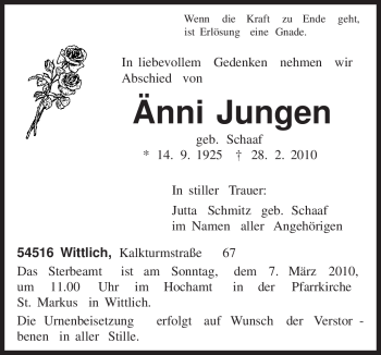 Traueranzeige von Änni Jungen von TRIERISCHER VOLKSFREUND