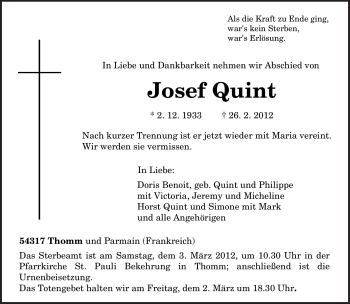 Traueranzeige von Josef Quint von TRIERISCHER VOLKSFREUND