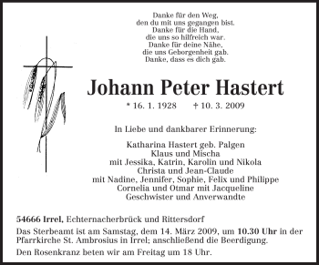 Traueranzeige von Johann Peter Hastert von TRIERISCHER VOLKSFREUND