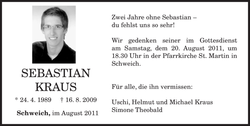  Traueranzeige für Sebastian Kraus vom 13.08.2011 aus TRIERISCHER VOLKSFREUND