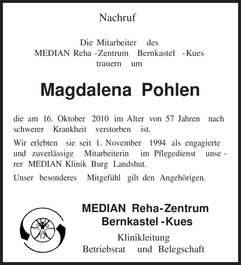  Traueranzeige für Magdalena Pohlen vom 21.10.2010 aus TRIERISCHER VOLKSFREUND