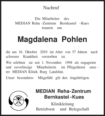 Traueranzeige von Magdalena Pohlen von TRIERISCHER VOLKSFREUND