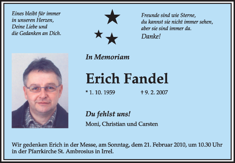  Traueranzeige für Erich Fandel vom 09.02.2010 aus TRIERISCHER VOLKSFREUND