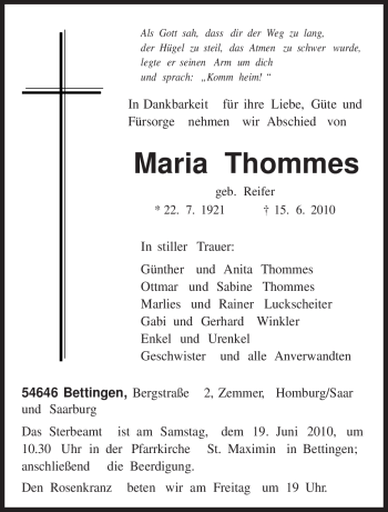 Traueranzeige von Maria Thommes von TRIERISCHER VOLKSFREUND