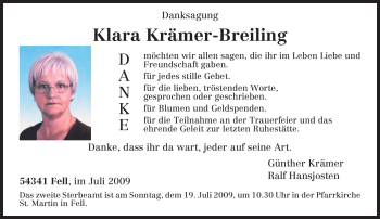 Traueranzeige von Klara Krämer-Breiling von TRIERISCHER VOLKSFREUND