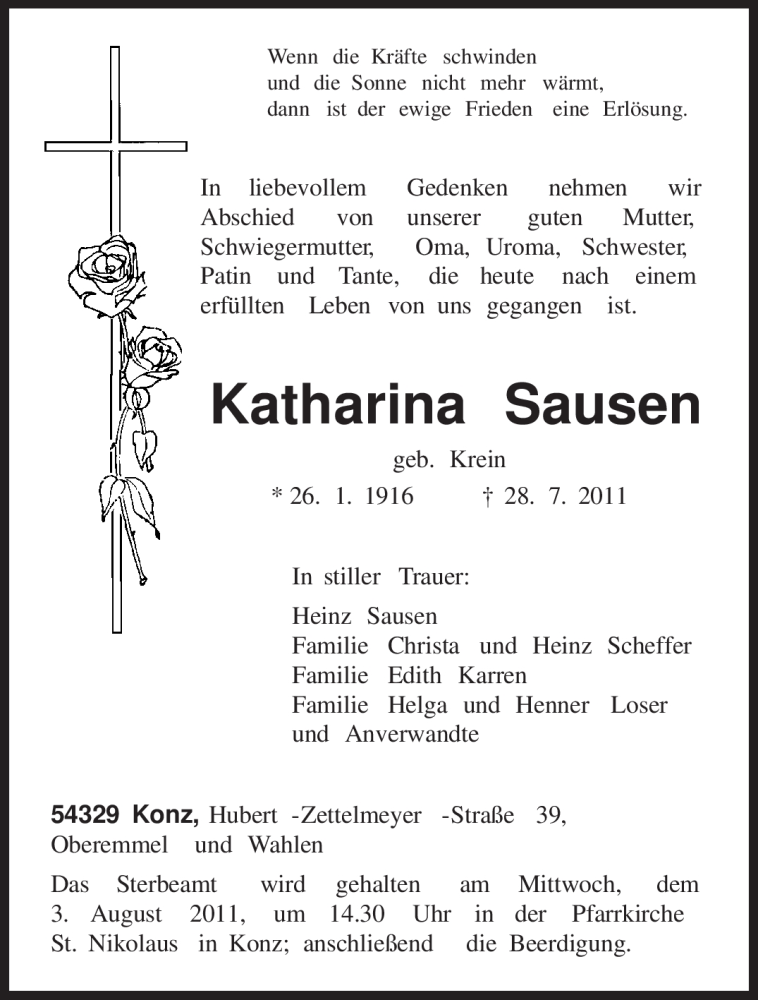  Traueranzeige für Katharina Sausen vom 30.07.2011 aus TRIERISCHER VOLKSFREUND