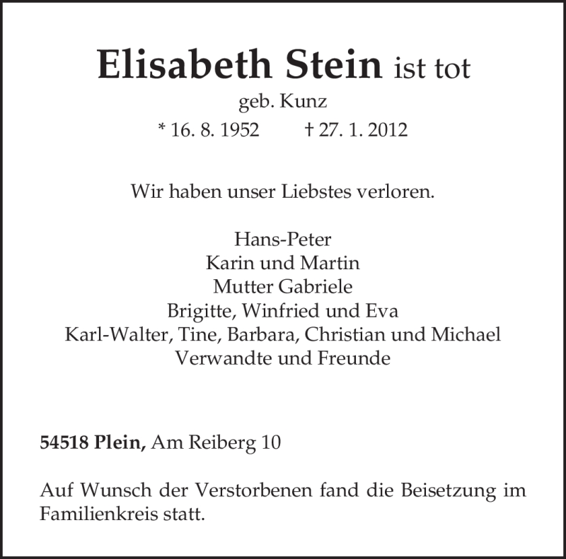  Traueranzeige für Elisabeth Stein vom 02.02.2012 aus TRIERISCHER VOLKSFREUND