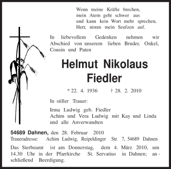 Traueranzeige von Helmut Nikolaus Fiedler von TRIERISCHER VOLKSFREUND