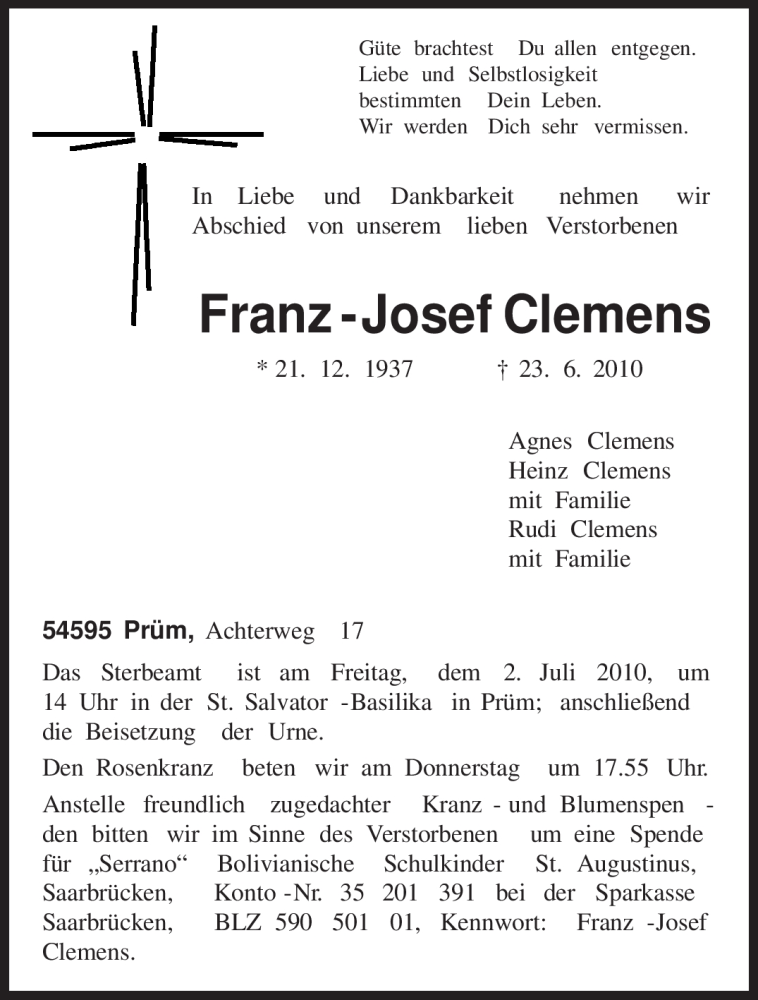  Traueranzeige für Franz - Josef Clemens vom 26.06.2010 aus TRIERISCHER VOLKSFREUND