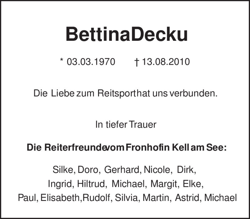  Traueranzeige für Bettina Decku vom 18.08.2010 aus TRIERISCHER VOLKSFREUND