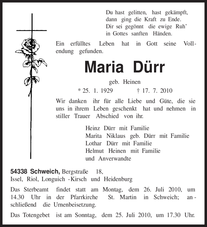 Traueranzeige für Maria Dürr vom 21.07.2010 aus TRIERISCHER VOLKSFREUND