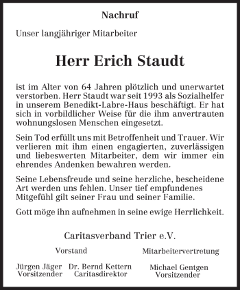 Traueranzeige von Erich Staudt von TRIERISCHER VOLKSFREUND