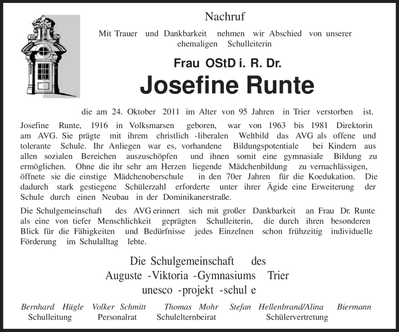  Traueranzeige für Josefine Runte vom 28.10.2011 aus TRIERISCHER VOLKSFREUND