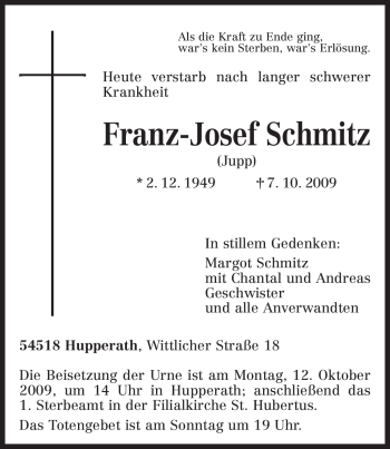 Traueranzeige von Franz-Josef Schmitz von TRIERISCHER VOLKSFREUND