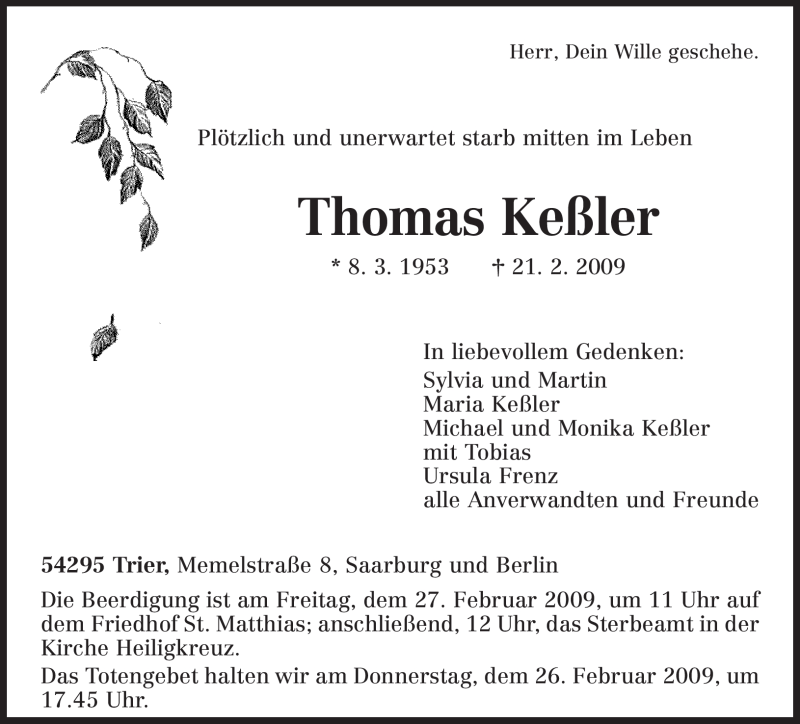  Traueranzeige für Thomas Keßler vom 25.02.2009 aus TRIERISCHER VOLKSFREUND