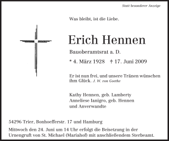Traueranzeige von Erich Hennen von TRIERISCHER VOLKSFREUND
