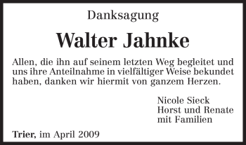 Traueranzeige von Walter Jahnke von TRIERISCHER VOLKSFREUND