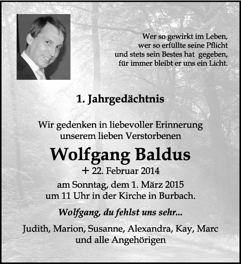  Traueranzeige für Wolfgang Baldus vom 21.02.2015 aus trierischer_volksfreund