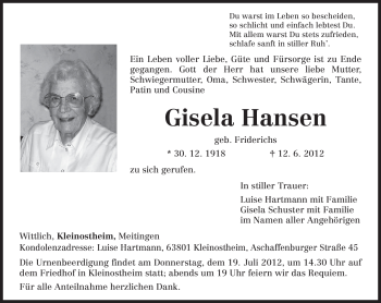 Traueranzeigen von Gisela Hansen | Volksfreund.Trauer.de