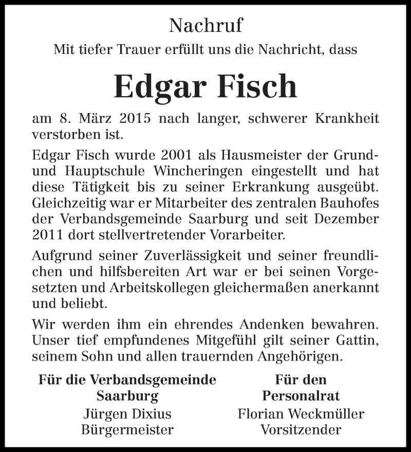 Traueranzeige für Edgar Fisch vom 14.03.2015 aus trierischer_volksfreund