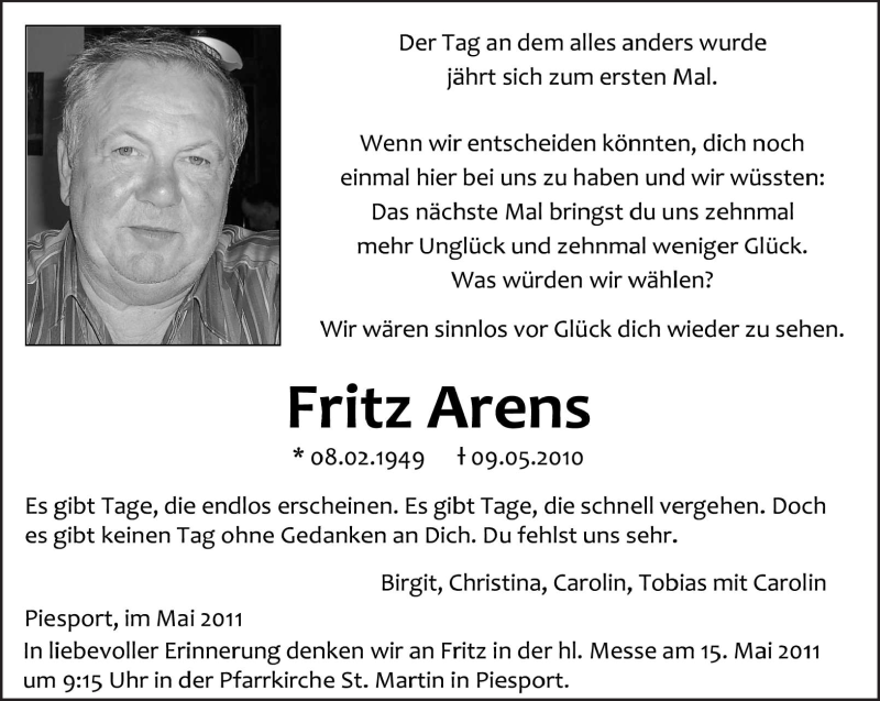  Traueranzeige für Fritz Arens vom 09.05.2011 aus TRIERISCHER VOLKSFREUND