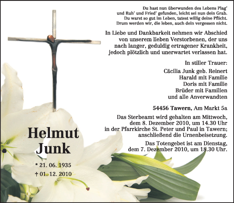  Traueranzeige für Helmut Junk vom 03.12.2010 aus TRIERISCHER VOLKSFREUND