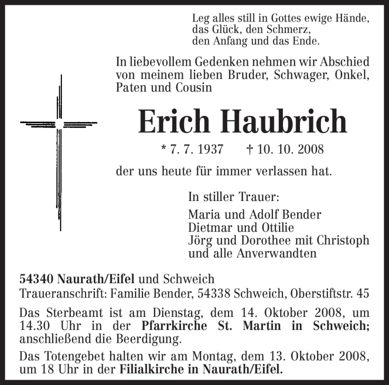  Traueranzeige für Erich Haubrich vom 11.10.2008 aus TRIERISCHER VOLKSFREUND