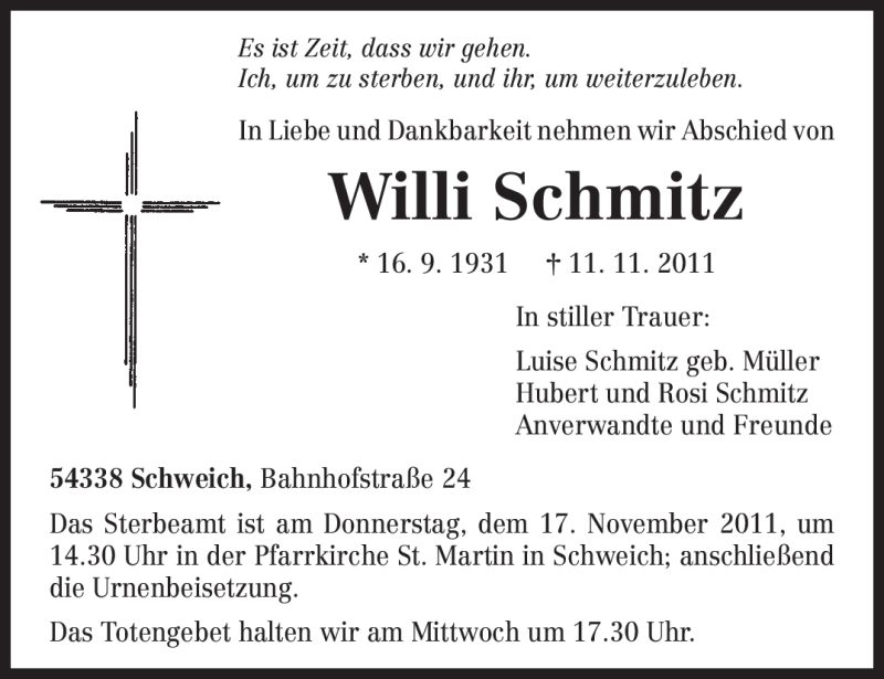  Traueranzeige für Willi Schmitz vom 15.11.2011 aus TRIERISCHER VOLKSFREUND