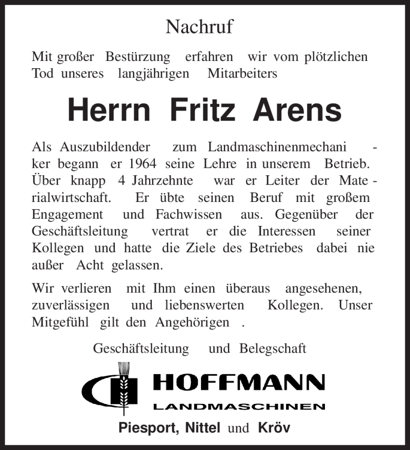  Traueranzeige für Fritz Arens vom 15.05.2010 aus TRIERISCHER VOLKSFREUND