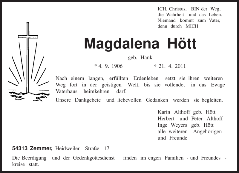  Traueranzeige für Magdalena Hött vom 23.04.2011 aus TRIERISCHER VOLKSFREUND