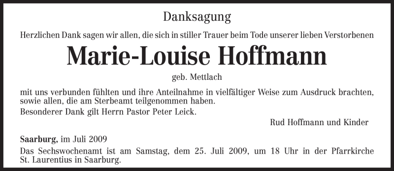  Traueranzeige für Marie-Louise Hoffmann vom 18.07.2009 aus TRIERISCHER VOLKSFREUND