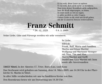 Traueranzeige von Franz Schmitt von TRIERISCHER VOLKSFREUND