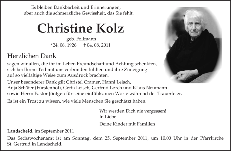  Traueranzeige für Christine Kolz vom 24.09.2011 aus TRIERISCHER VOLKSFREUND