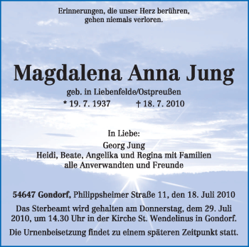 Traueranzeige von Magdalena Anna Jung von TRIERISCHER VOLKSFREUND