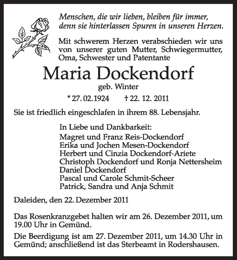  Traueranzeige für Maria Dockendorf vom 24.12.2011 aus TRIERISCHER VOLKSFREUND