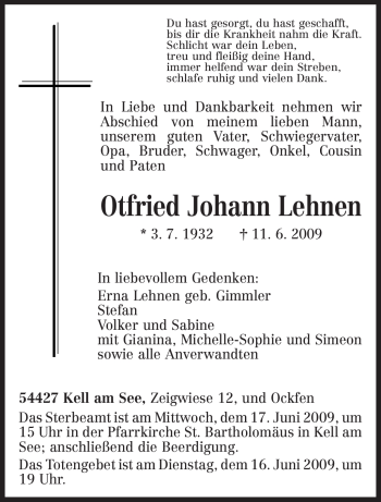 Traueranzeige von Otfried Johann Lehnen von TRIERISCHER VOLKSFREUND