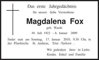 Traueranzeige von Magdalena Fox von TRIERISCHER VOLKSFREUND