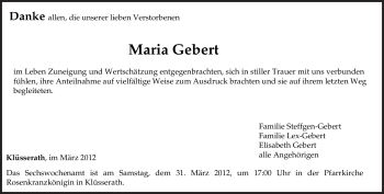 Traueranzeige von Maria Gebert von TRIERISCHER VOLKSFREUND