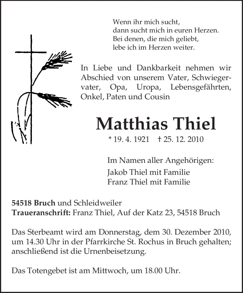  Traueranzeige für Matthias Thiel vom 28.12.2010 aus TRIERISCHER VOLKSFREUND