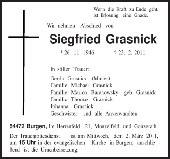 Traueranzeige von Siegfried Grasnick von TRIERISCHER VOLKSFREUND