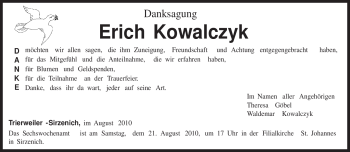 Traueranzeige von Erich Kowalczyk von TRIERISCHER VOLKSFREUND