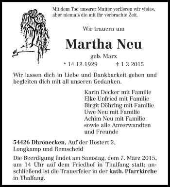 Traueranzeige von Martha Neu von trierischer_volksfreund