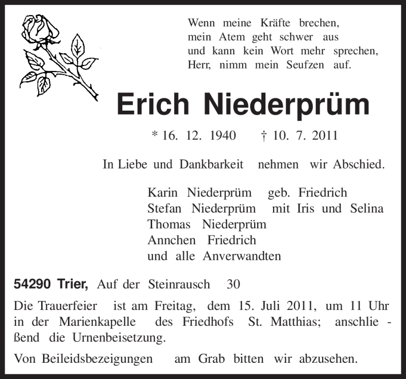  Traueranzeige für Erich Niederprüm vom 13.07.2011 aus TRIERISCHER VOLKSFREUND