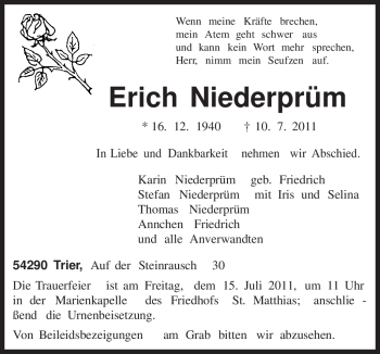 Traueranzeige von Erich Niederprüm von TRIERISCHER VOLKSFREUND