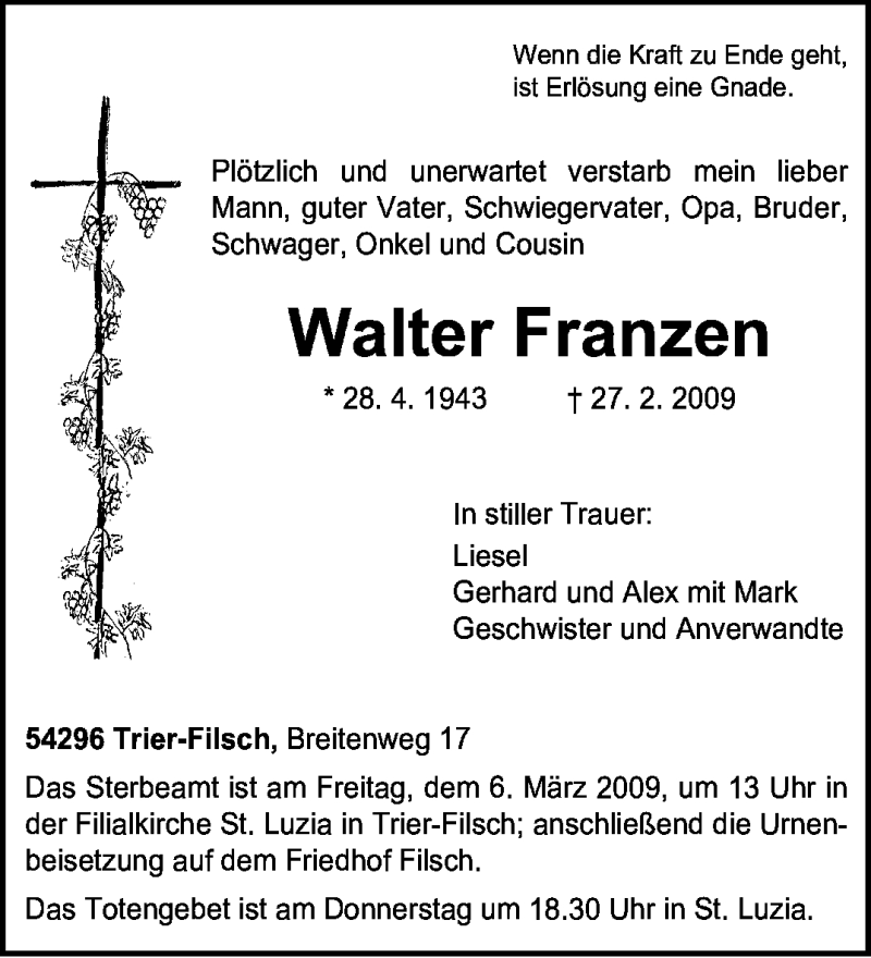  Traueranzeige für Walter Franzen vom 03.03.2009 aus TRIERISCHER VOLKSFREUND