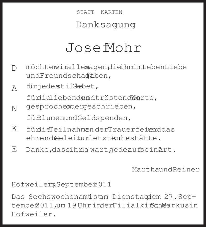  Traueranzeige für Josef Mohr vom 24.09.2011 aus TRIERISCHER VOLKSFREUND