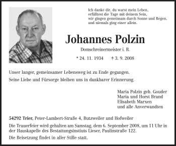 Traueranzeige von Johannes Polzin von TRIERISCHER VOLKSFREUND