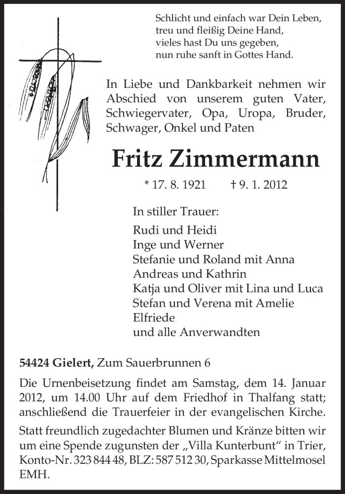  Traueranzeige für Fritz Zimmermann vom 11.01.2012 aus TRIERISCHER VOLKSFREUND