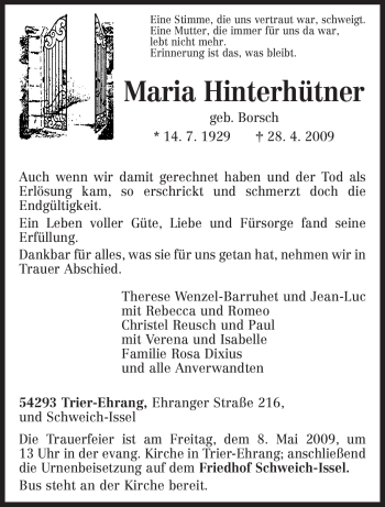 Traueranzeige von Maria Hinterhütner von TRIERISCHER VOLKSFREUND