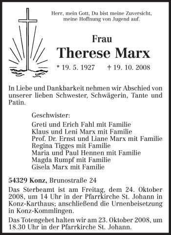 Traueranzeige von Therese Marx von TRIERISCHER VOLKSFREUND
